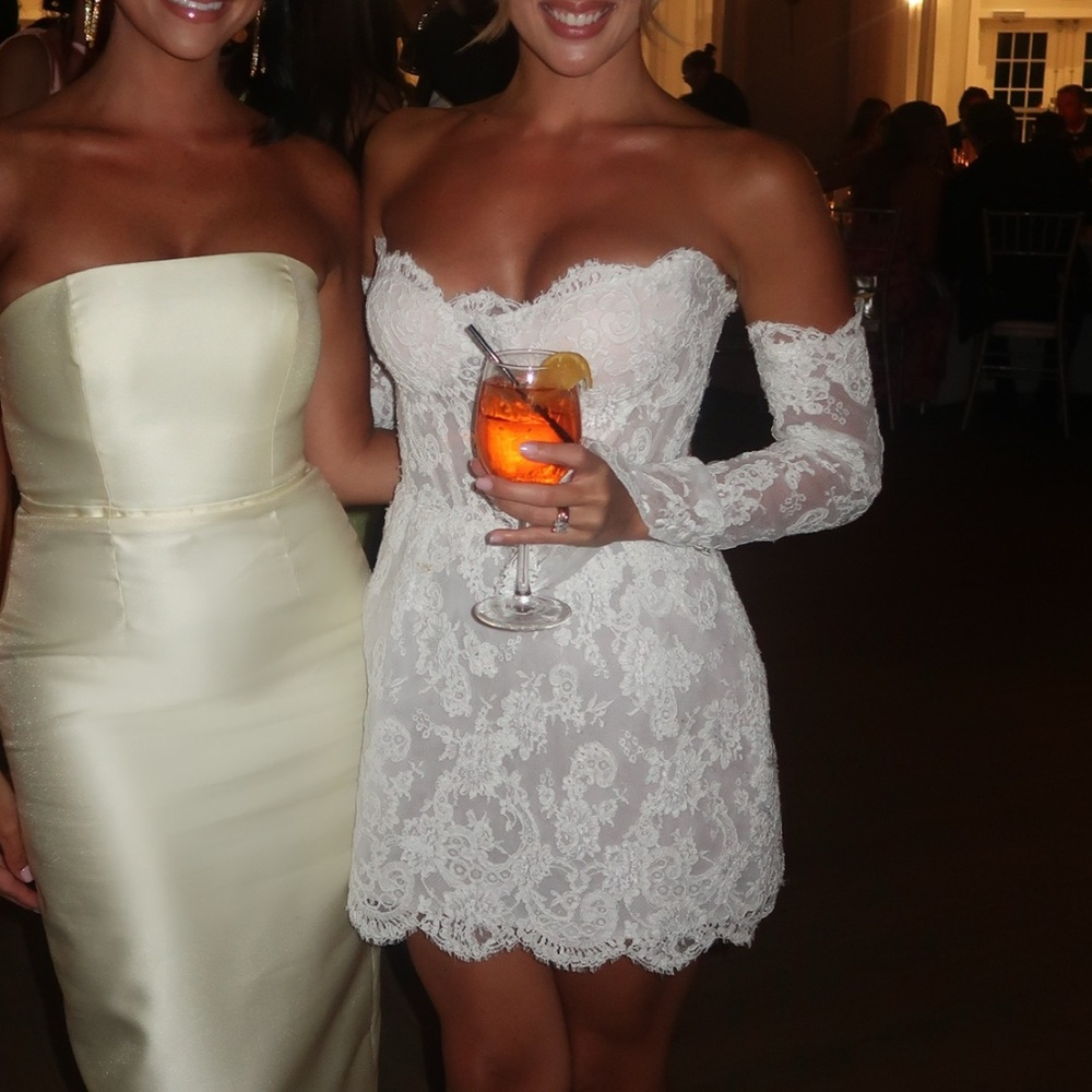 Lace Off-Shoulder Mini Wedding Dress in White